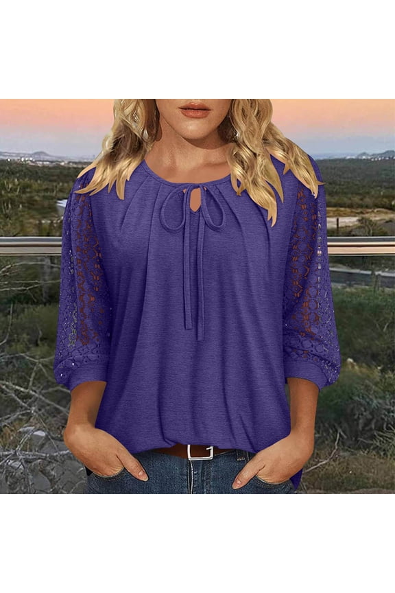Women Fall Winter Round Neck 3/4 Sleeve Lace Tie Front Blouses Casual Boho Tops Loose Pullover Solid Dressy Plus Size Fashion Clothes, Purple XL