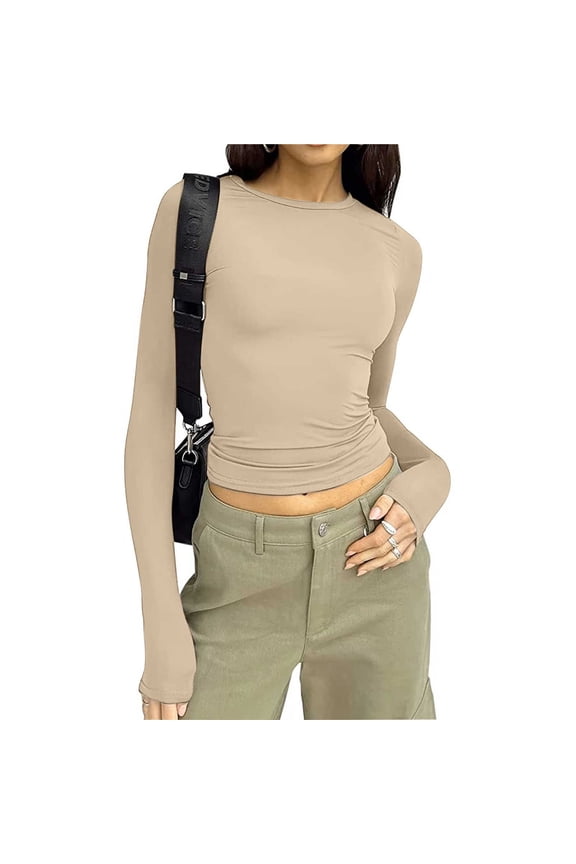 Women Fall Winter Round Neck Long Sleeve Ruched Slim Crop Tops Basic Casual Solid Tee Pullover Tunic Blouse Trendy Night Out Club Wear, Khaki XL