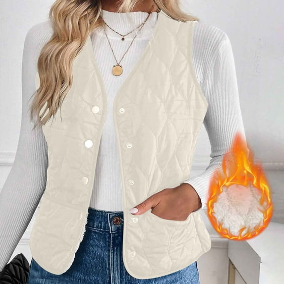 thefmos Women Fall Winter Sleeveless Fleece Vest Warm Button Down Open Front Casual Jacket Solid Coat Basic Layering Tops Outdoor Daily Wear, Beige L