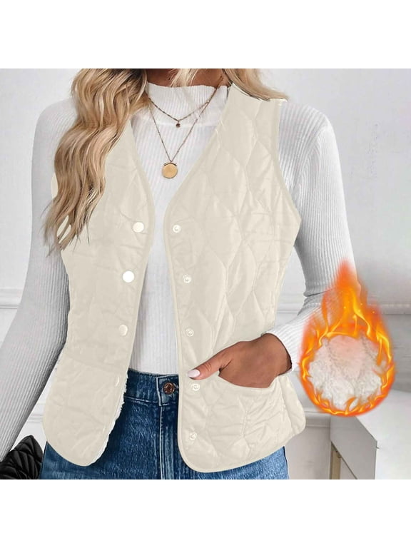 Women Fall Winter Sleeveless Fleece Vest Warm Button Down Open Front Casual Jacket Solid Coat Basic Layering Tops Outdoor Daily Wear, Beige XL