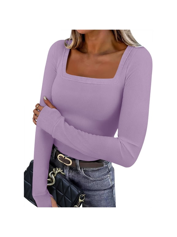 Women Fall Winter Square Neck Long Sleeve Ribbed Knit Tops Slim Fit Casual Basic Pullover Blouses Solid T-Shirt Tee Trendy Fashion Clothes, Purple M