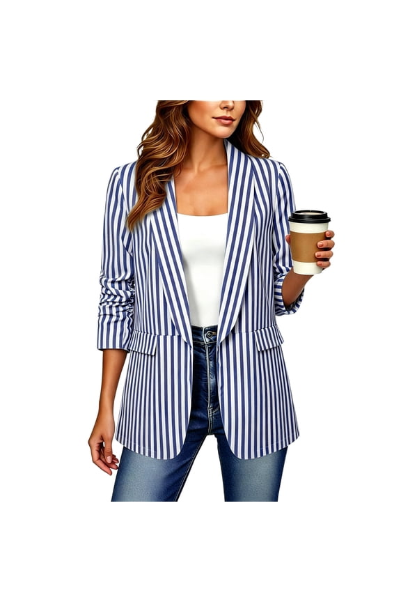Women Fall Winter Striped Long Sleeve Button Down Open Front Casual Blazer Basic Work Office Blazer Tops, Navy M