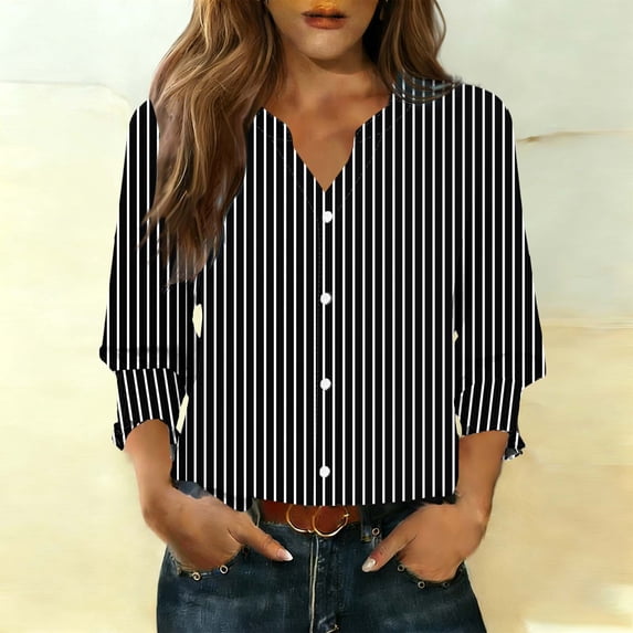 thefmos Women Fall Winter V Neck 3/4 Sleeve Button Down Striped Casual Blouse for Women Cute Trendy Loose Fit Comfy Pullover Tops Basic Office Business Work Clothes, Black 2XL