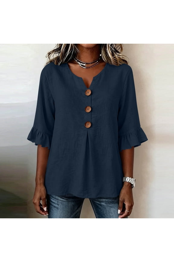 Women Fall Winter V Neck 3/4 Sleeve Ruffle Button Down Tops Casual Basic Pullover Blouses Solid Loose Fit Boho Vacation Fashion Clothes, Navy L