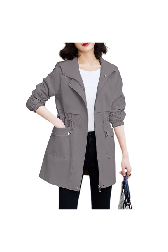 Women Hooded Front Zipper Drawstring Jacket Long Sleeve Solid Color Windbreaker Trench Coat with Pocket Fashion Casual Fall Winter Sports Outdoor Outfit, Black M