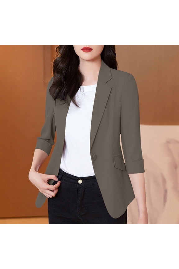 Women Plus Size 3/4 Sleeve Button Down Blazer Fall Winter Spring Collared Open Front Solid Business Work Jacket Casual Elegant Tops, Coffee 4XL