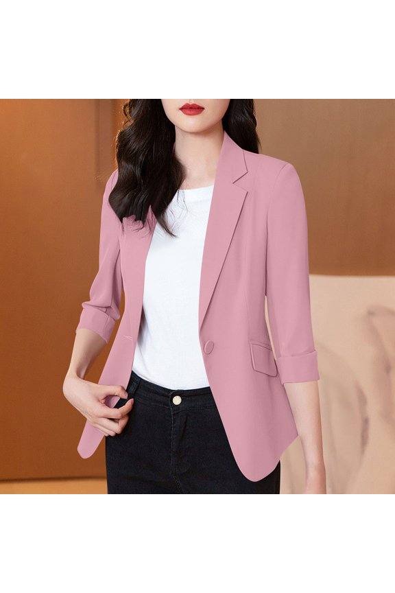 Women Plus Size 3/4 Sleeve Button Down Blazer Fall Winter Spring Collared Open Front Solid Business Work Jacket Casual Elegant Tops, Pink L