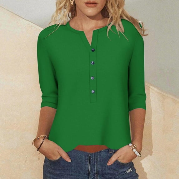 thefmos Women Plus Size 3/4 Sleeve Fall Winter Round Neck Button Down Casual Tops Cute Solid Blouse Comfy Pullover Tee Shirts Trendy Business Work Clothes, Green M