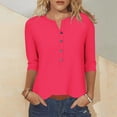 thumbnail image 1 of thefmos Women Plus Size 3/4 Sleeve Fall Winter Round Neck Button Down Casual Tops Cute Solid Blouse Comfy Pullover Tee Shirts Trendy Business Work Clothes, Hot Pink 4XL, 1 of 6