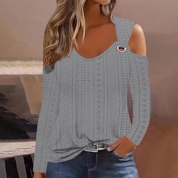 thefmos Women Plus Size Cold Shoulder Tops Fall Winter V Neck Pullover Blouses Eyelet Casual Dressy Tops Solid Tee Shirts, Gray 3XL