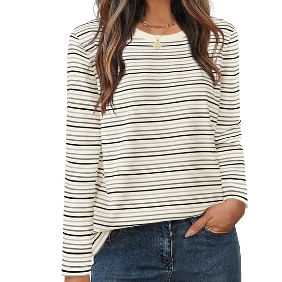 thefmos Women Plus Size Crewneck Long Sleeve Striped Pullover Tops Fall Winter Casual Blouses Striped Tee Loose Fit Tunic Shirt, Khaki M