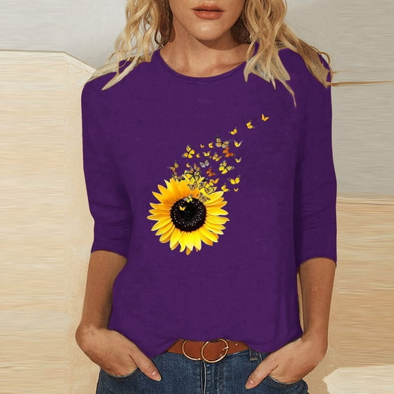 thefmos Women Plus Size Fall 3/4 Sleeve Round Neck Sunflower Print Pullover Tops Dressy Casual Loose Graphic Tshirt Blouses Trendy Autumn Vacation Clothes, Purple XL