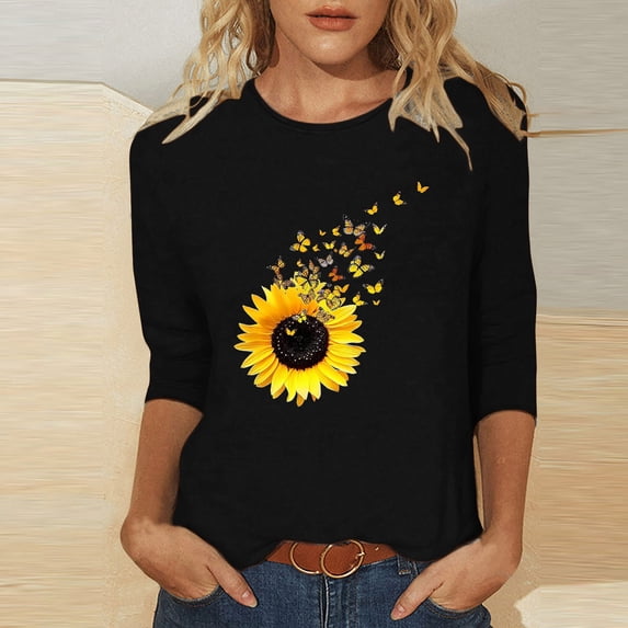 thefmos Women Plus Size Fall 3/4 Sleeve Round Neck Sunflower Print Pullover Tops Dressy Casual Loose Graphic Tshirt Blouses Trendy Autumn Vacation Clothes, Black 3XL