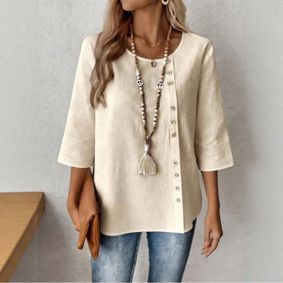 thefmos Women Plus Size Fall Round Neck 3/4 Sleeve Button Down Casual Solid Boho Pullover Tops for Women Cute Trendy Comfy Loose Fit Tunic Blouses Winter Business Work Clothes, Beige L