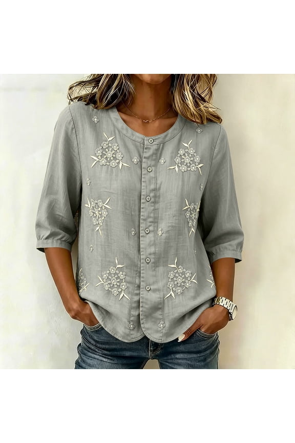 Women Plus Size Fall Round Neck 3/4 Sleeve Button Down Embroidery Casual Floral Boho Blouse Tunic Tops, Green M
