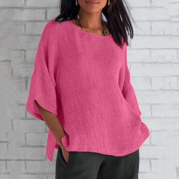 thefmos Women Plus Size Fall Round Neck 3/4 Sleeve Flowy Casual Basic Pullover Tops Solid Loose Tshirt, Hot Pink M