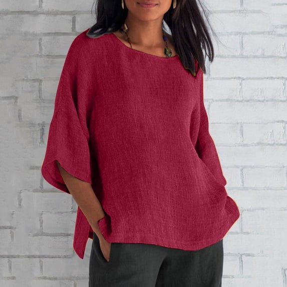 thefmos Women Plus Size Fall Round Neck 3/4 Sleeve Flowy Casual Basic Pullover Tops Solid Loose Tshirt, Wine L