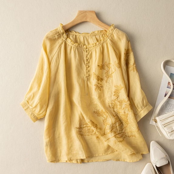 thefmos Women Plus Size Fall Round Neck 3/4 Sleeve Flowy Embroidery Boho Casual Loose Blouse Pullover Tops, Yellow L