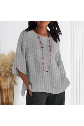 Women Plus Size Fall Round Neck 3/4 Sleeve Solid Casual Loose Pullover Tops for Women Trendy Cute Comfy Blouses Business Casual Work Tunic Tops Winter Fashion Tops, Gray M