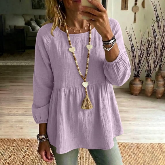 thefmos Women Plus Size Fall Round Neck Long Sleeve Tunic Tops Solid Boho Casual Pullover Blouses Loose Flowy Shirts for Curvy Women Vacation Outfits, Purple L