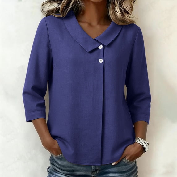 thefmos Women Plus Size Fall Spring Collared 3/4 Sleeve Button Down Blouses Dressy Casual V Neck Tunic Tops Loose Fit Solid Basic Shirts for Work Vacation, Blue XL