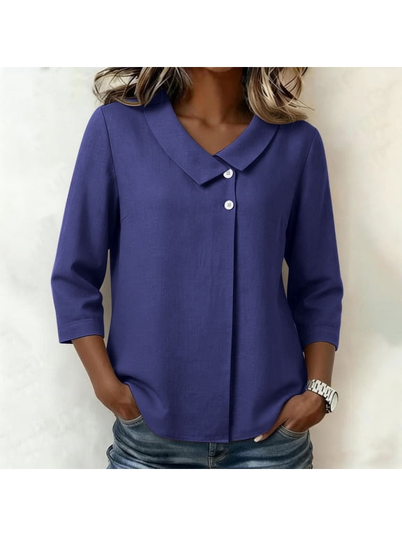 Women Plus Size Fall Spring Collared 3/4 Sleeve Button Down Blouses Dressy Casual V Neck Tunic Tops Loose Fit Solid Basic Shirts for Work Vacation, Blue M