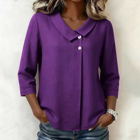 thefmos Women Plus Size Fall Spring Collared 3/4 Sleeve Button Down Blouses Dressy Casual V Neck Tunic Tops Loose Fit Solid Basic Shirts for Work Vacation, Purple M