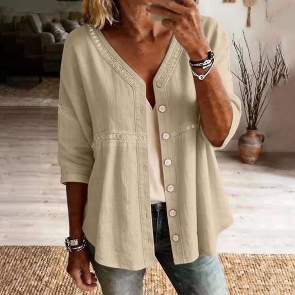 thefmos Women Plus Size Fall V Neck 3/4 Sleeve Button Down Blouse Casual Loose Tops Solid Dressy Open Front Tunic T-Shirt, Khaki S