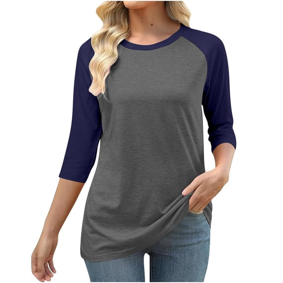thefmos Women Plus Size Fall Winter 3/4 Sleeve Color Block Pullover Tops for Women Casual Basic Round Neck Tshirt Loose Fit Comfy Blouses Trendy Work Tunic Tops, Dark Gray 3XL