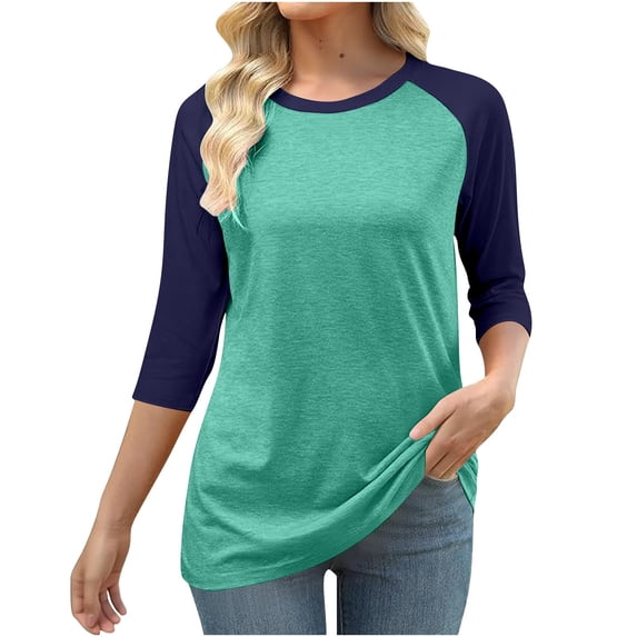 thefmos Women Plus Size Fall Winter 3/4 Sleeve Color Block Pullover Tops for Women Casual Basic Round Neck Tshirt Loose Fit Comfy Blouses Trendy Work Tunic Tops, Mint Green 5XL