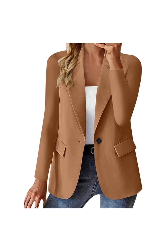 Women Plus Size Fall Winter Blazer Casual Long Sleeve Button Down Open Front Collared Work Blazer Solid Basic Business Jacket, Brown 3XL