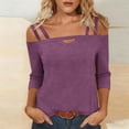thumbnail image 1 of thefmos Women Plus Size Fall Winter Cold Shoulder 3/4 Sleeve Tops Solid Basic Pullover Tee Shirts Dressy Casual Loose Blouses Trendy Vacation Clothes, Purple S, 1 of 5