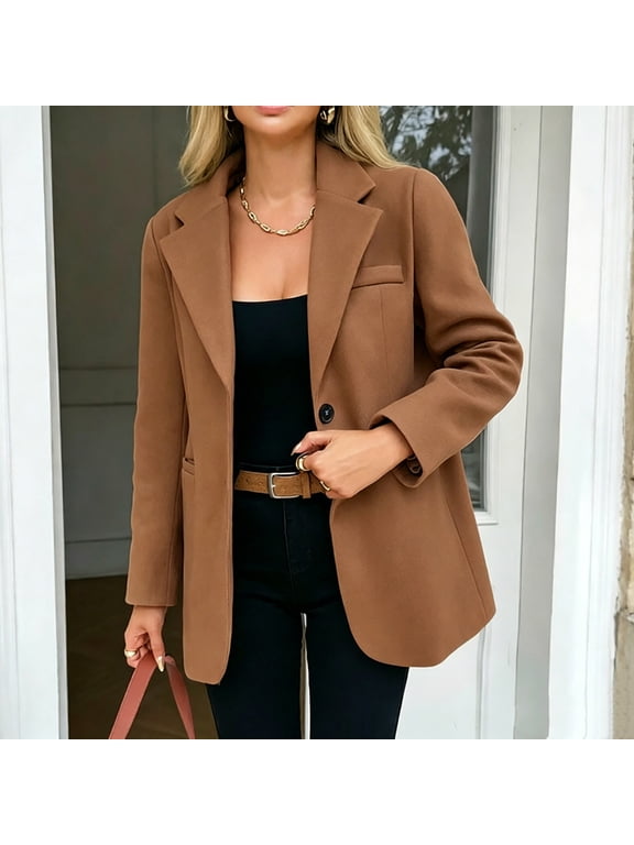 Women Plus Size Fall Winter Collared Long Sleeve Button Down Blazer Open Front Casual Blazer Solid Elegant Business Work Loose Jacket Office Outfit, Brown 2XL