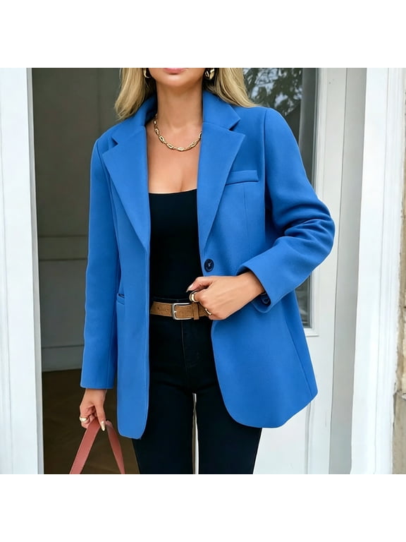 Women Plus Size Fall Winter Collared Long Sleeve Button Down Blazer Open Front Casual Blazer Solid Elegant Business Work Loose Jacket Office Outfit, Blue 2XL