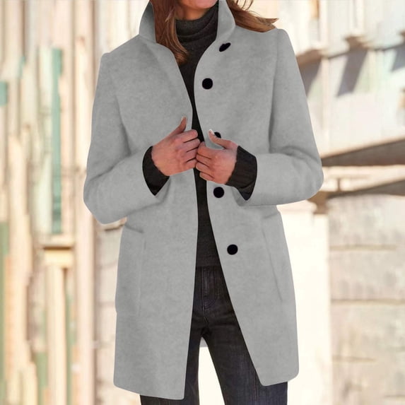 thefmos Women Plus Size Fall Winter Collared Long Sleeve Button Down Open Front Casual Coat Jackets Solid Fashion Basic Outerwear For Work Street, Gray S