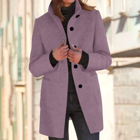 thefmos Women Plus Size Fall Winter Collared Long Sleeve Button Down Open Front Casual Coat Jackets Solid Fashion Basic Outerwear For Work Street, Purple L