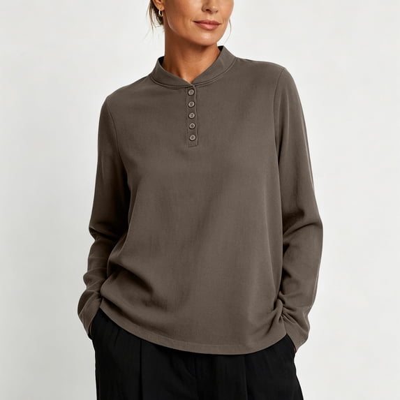 thefmos Women Plus Size Fall Winter Collared Long Sleeve Button Down Shirts Casual Pullover Tops Solid Loose Tunic Blouses Vacation Office Clothes, Coffee L