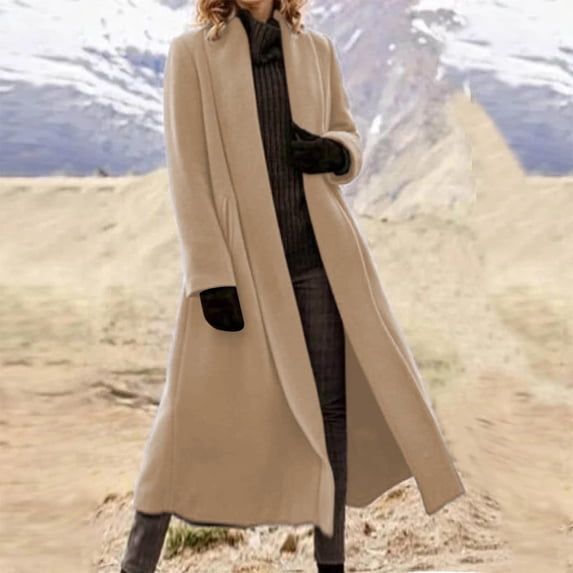 thefmos Women Plus Size Fall Winter Collared Long Sleeve Open Front Coat Casual Basic Solid Jacket, Khaki S