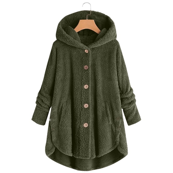 thefmos Women Plus Size Fall Winter Fleece Hooded Coat Button Down Curved Hem Casual Loose Jacket Cozy Outwear, Army Green 4XL