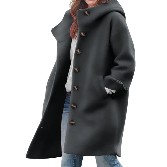 thefmos Women Plus Size Fall Winter Hooded Button Down Loose Coat Casual Basic Solid Fashion Outwear, Dark Gray S