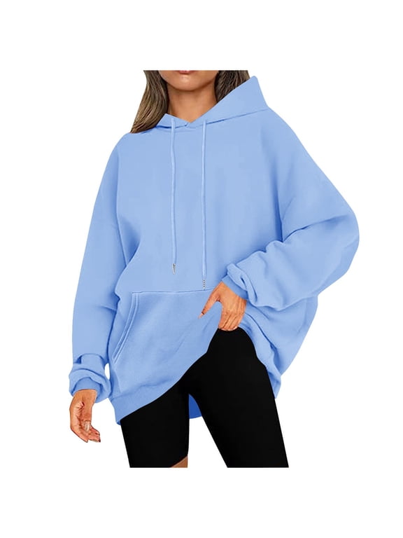 Women Plus Size Fall Winter Hooded Pullover Tops Casual Loose Sweatshirts Solid Long Sleeve Hoodie Travel Vacation Outfits, Light Blue M
