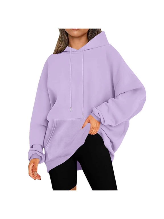 Women Plus Size Fall Winter Hooded Pullover Tops Casual Loose Sweatshirts Solid Long Sleeve Hoodie Travel Vacation Outfits, Purple 2XL