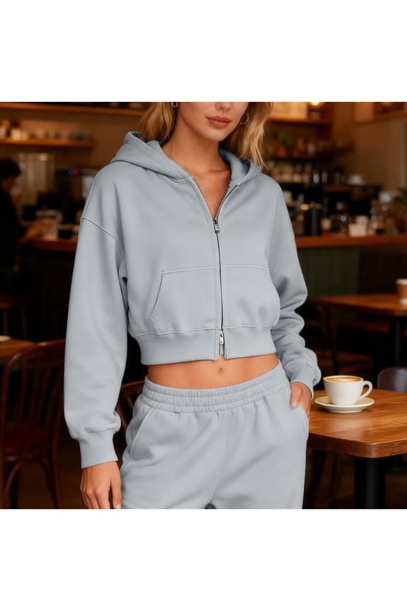 Women Plus Size Fall Winter Hooded Zip Crop Top Casual Basic Solid Pullover Tops Hoodie Trendy Vacation Fashion Clothes, Gray L
