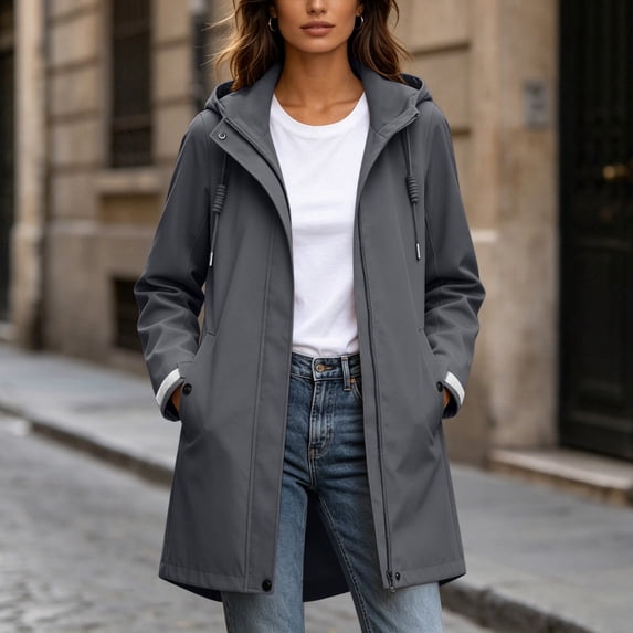 thefmos Women Plus Size Fall Winter Hooded Zip Up Coat Casual Basic Solid Outerwear Long Sleeve Jacket Cold Weather Fashion, Dark Gray S