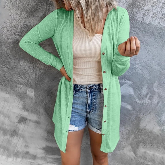 thefmos Women Plus Size Fall Winter Long Sleeve Button Down Open Front Cardigan Casual Solid Cover Up Outwear Tops, Green L
