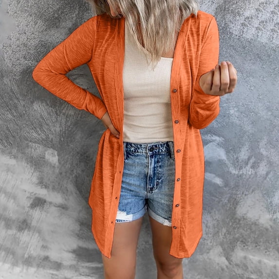 thefmos Women Plus Size Fall Winter Long Sleeve Button Down Open Front Cardigan Casual Solid Cover Up Outwear Tops, Orange S
