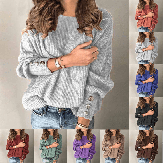 thefmos Women Plus Size Fall Winter Long Sleeve Knitted Button Sweater Tops Casual Pullover Solid Basic Crewneck Blouses Dressy Holiday Fashion Clothes, Gray M