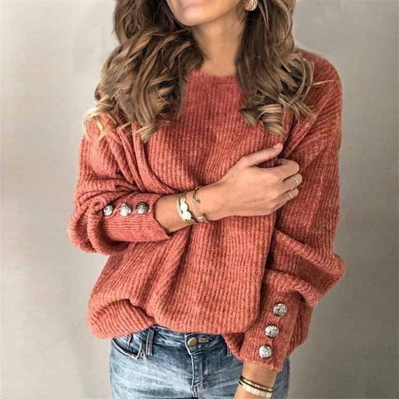 thefmos Women Plus Size Fall Winter Long Sleeve Knitted Button Cardigan Sweater Tops Casual Pullover Solid Basic Crewneck Blouses Dressy Holiday Fashion Clothes, Red L