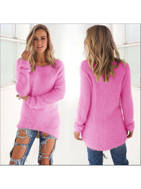 Women Plus Size Fall Winter Long Sleeve Knitted Pullover Tops Solid Basic Casual Sweater Warm Cozy V Neck Loose Fit Blouses, Hot Pink 2XL