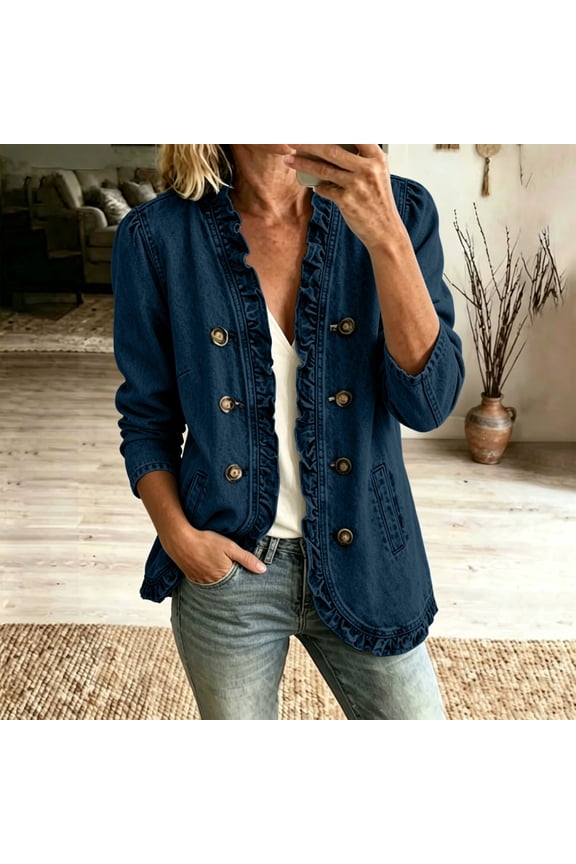 Women Plus Size Fall Winter Long Sleeve Ruffle Button Down Open Front Casual Blazer Jackets Trendy Work Tops Business Cardigan Outerwear for Office, Dark Blue S